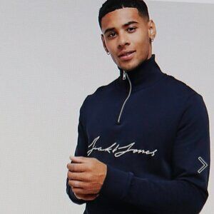 Jack & Jones !/4 Zip sweat with chest scripted text Size L